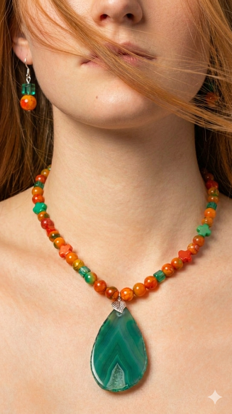 Collier  Amanecer avec Agate Verte Centrale et Perles Veines de Dragon (Boucles d'oreilles incluses)