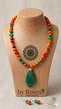 Collier  Amanecer avec Agate Verte Centrale et Perles Veines de Dragon (Boucles d'oreilles incluses)