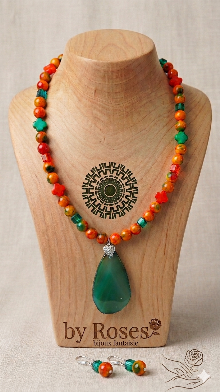 Collier  Amanecer avec Agate Verte Centrale et Perles Veines de Dragon (Boucles d'oreilles incluses)